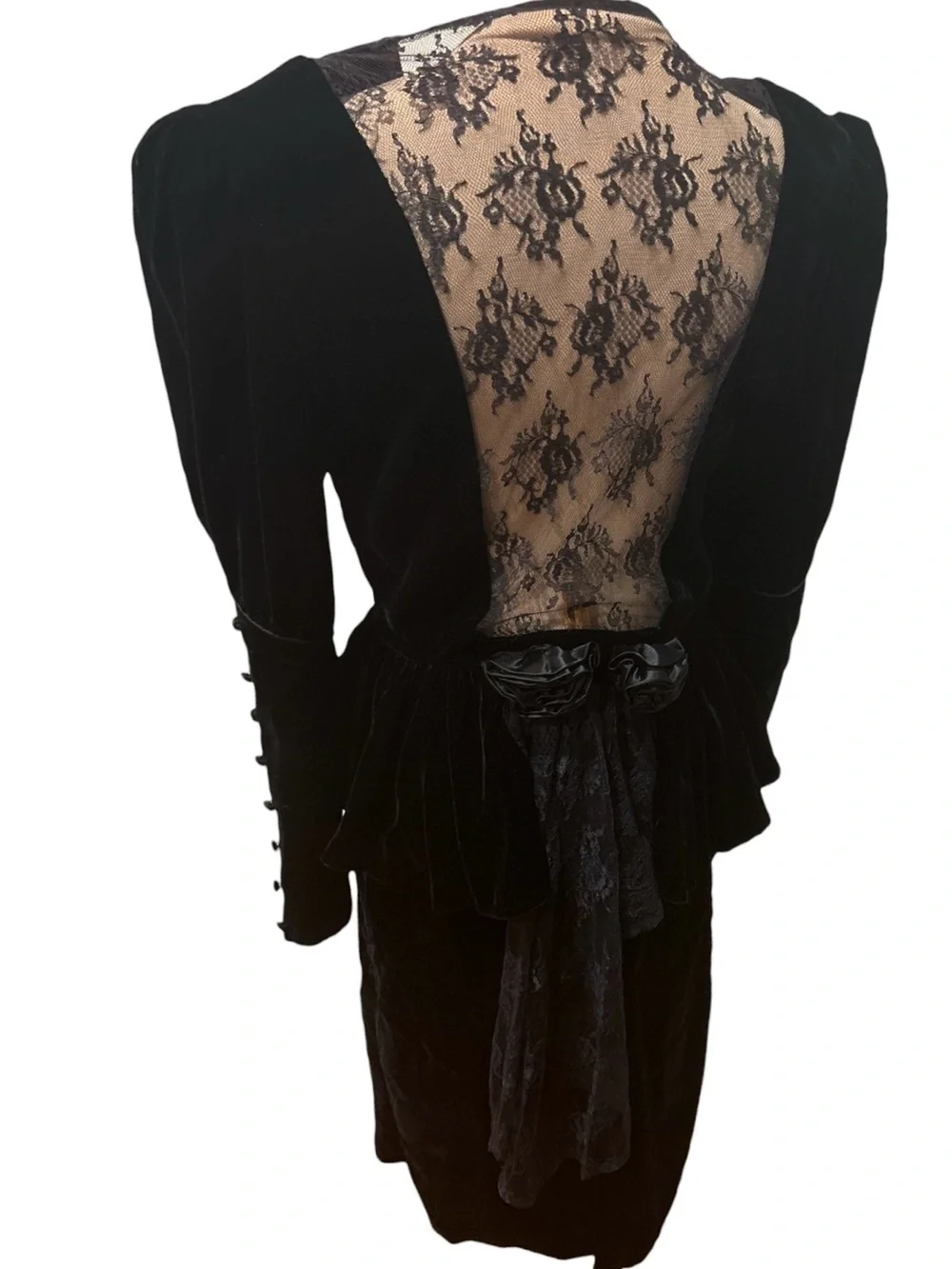 80s 2PC GOTH BLACK VELVET FITTED PEPLUM JACKET W LACE BACK INSERT & PENCIL SKIRT